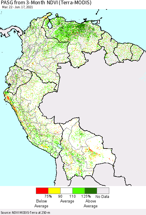 Northern South America PASG from 3-Month NDVI (Terra-MODIS) Thematic Map For 6/10/2021 - 6/17/2021