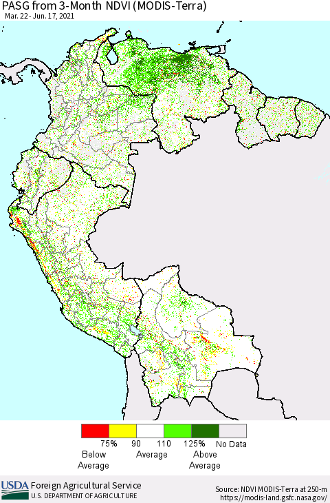 Northern South America PASG from 3-Month NDVI (Terra-MODIS) Thematic Map For 6/11/2021 - 6/20/2021