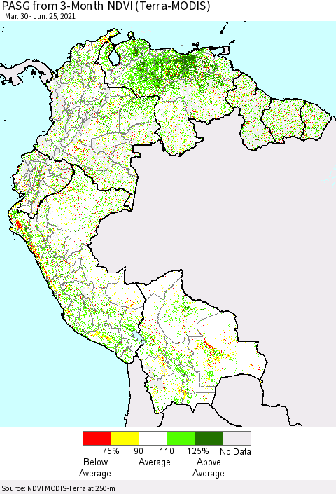 Northern South America PASG from 3-Month NDVI (Terra-MODIS) Thematic Map For 6/18/2021 - 6/25/2021
