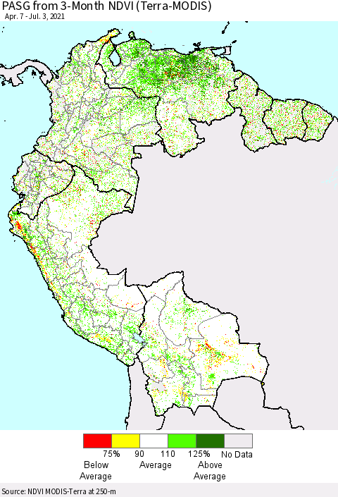 Northern South America PASG from 3-Month NDVI (Terra-MODIS) Thematic Map For 6/26/2021 - 7/3/2021