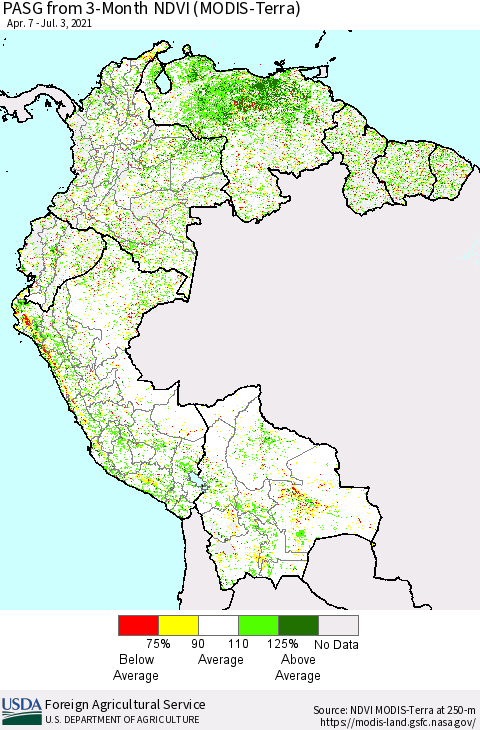 Northern South America PASG from 3-Month NDVI (Terra-MODIS) Thematic Map For 7/1/2021 - 7/10/2021