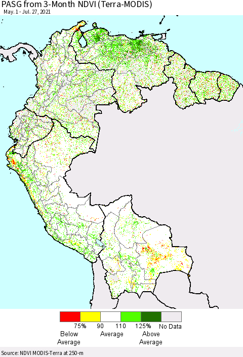 Northern South America PASG from 3-Month NDVI (Terra-MODIS) Thematic Map For 7/20/2021 - 7/27/2021