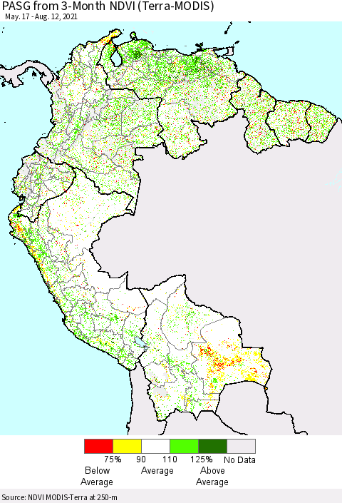 Northern South America PASG from 3-Month NDVI (Terra-MODIS) Thematic Map For 8/5/2021 - 8/12/2021