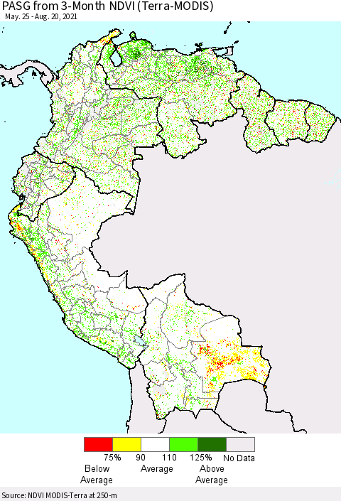Northern South America PASG from 3-Month NDVI (Terra-MODIS) Thematic Map For 8/11/2021 - 8/20/2021