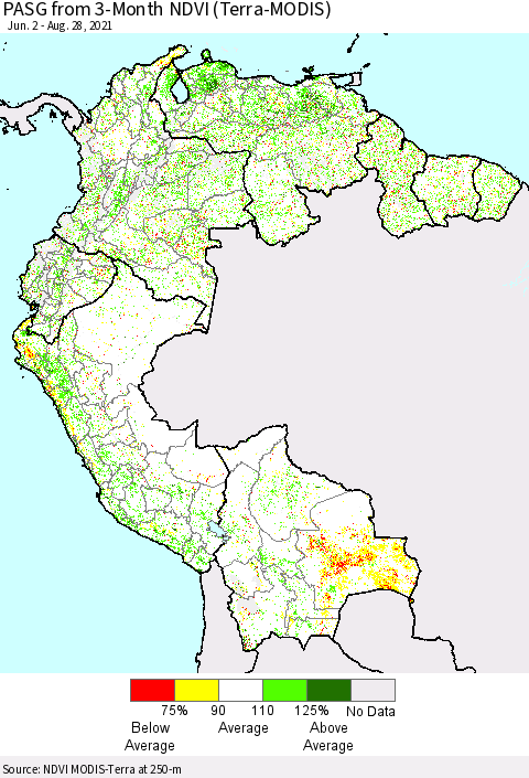 Northern South America PASG from 3-Month NDVI (Terra-MODIS) Thematic Map For 8/21/2021 - 8/28/2021