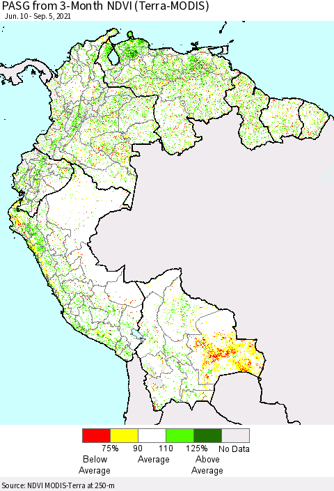 Northern South America PASG from 3-Month NDVI (Terra-MODIS) Thematic Map For 8/29/2021 - 9/5/2021