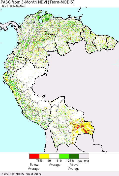 Northern South America PASG from 3-Month NDVI (Terra-MODIS) Thematic Map For 9/22/2021 - 9/29/2021