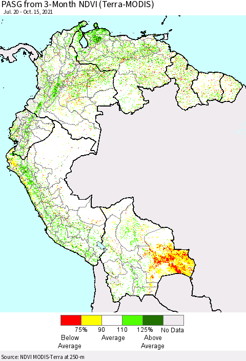 Northern South America PASG from 3-Month NDVI (Terra-MODIS) Thematic Map For 10/8/2021 - 10/15/2021