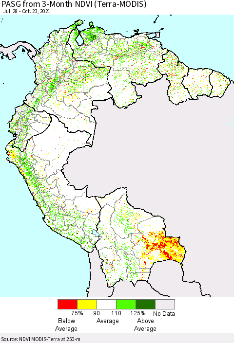 Northern South America PASG from 3-Month NDVI (Terra-MODIS) Thematic Map For 10/16/2021 - 10/23/2021