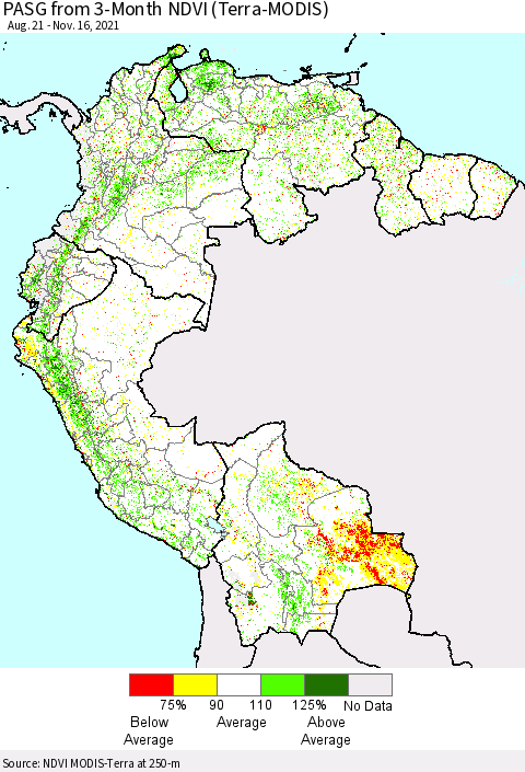 Northern South America PASG from 3-Month NDVI (Terra-MODIS) Thematic Map For 11/9/2021 - 11/16/2021