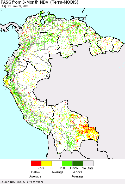 Northern South America PASG from 3-Month NDVI (Terra-MODIS) Thematic Map For 11/17/2021 - 11/24/2021