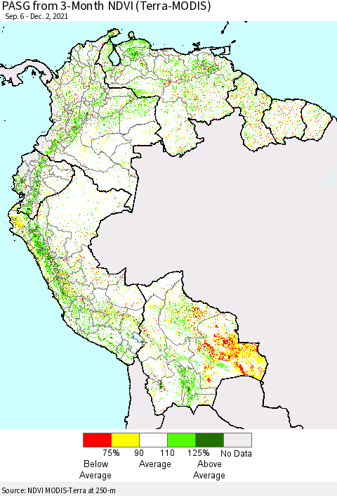 Northern South America PASG from 3-Month NDVI (Terra-MODIS) Thematic Map For 11/25/2021 - 12/2/2021