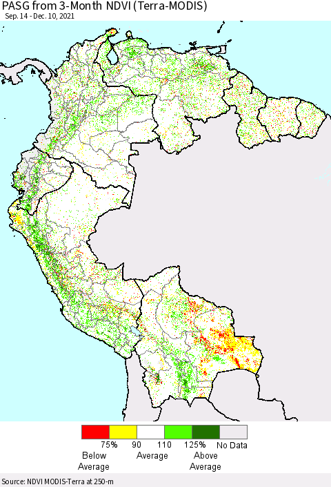 Northern South America PASG from 3-Month NDVI (Terra-MODIS) Thematic Map For 12/1/2021 - 12/10/2021