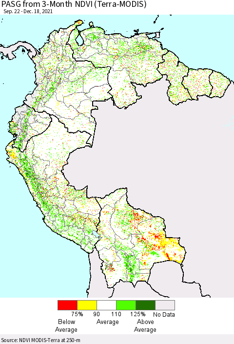 Northern South America PASG from 3-Month NDVI (Terra-MODIS) Thematic Map For 12/11/2021 - 12/18/2021