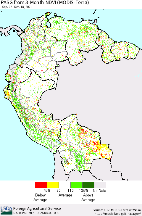Northern South America PASG from 3-Month NDVI (Terra-MODIS) Thematic Map For 12/11/2021 - 12/20/2021