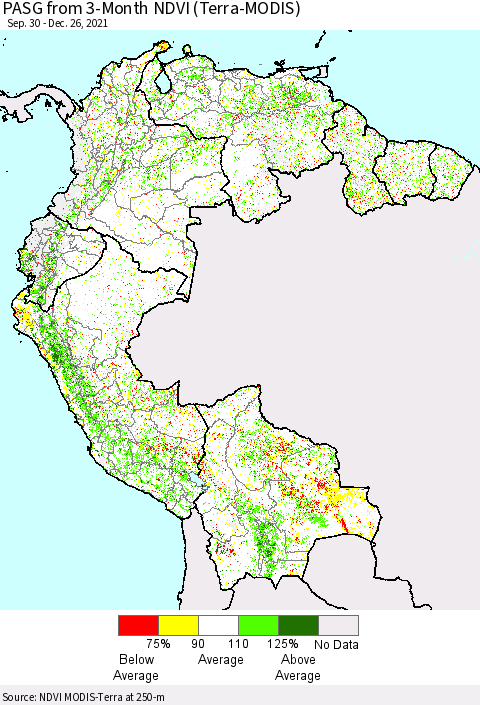 Northern South America PASG from 3-Month NDVI (Terra-MODIS) Thematic Map For 12/19/2021 - 12/26/2021