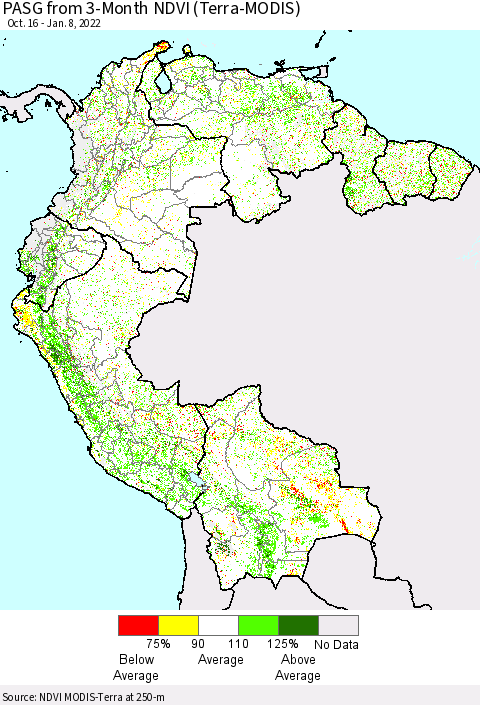 Northern South America PASG from 3-Month NDVI (Terra-MODIS) Thematic Map For 1/1/2022 - 1/8/2022