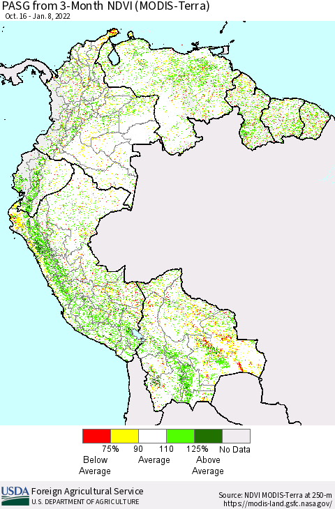 Northern South America PASG from 3-Month NDVI (Terra-MODIS) Thematic Map For 1/1/2022 - 1/10/2022