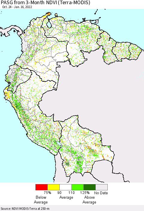 Northern South America PASG from 3-Month NDVI (Terra-MODIS) Thematic Map For 1/9/2022 - 1/16/2022