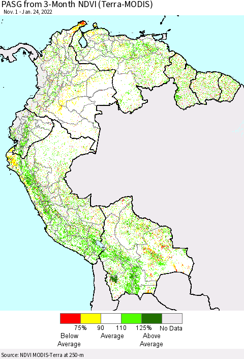 Northern South America PASG from 3-Month NDVI (Terra-MODIS) Thematic Map For 1/17/2022 - 1/24/2022