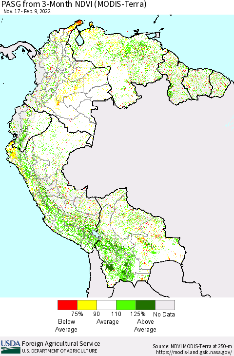 Northern South America PASG from 3-Month NDVI (Terra-MODIS) Thematic Map For 2/1/2022 - 2/10/2022