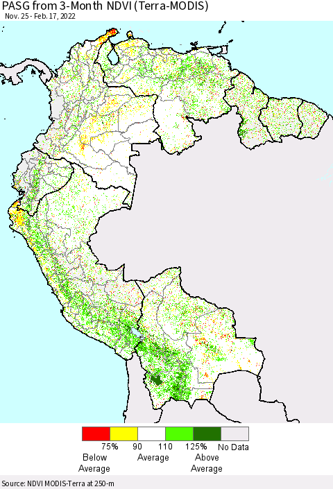Northern South America PASG from 3-Month NDVI (Terra-MODIS) Thematic Map For 2/10/2022 - 2/17/2022