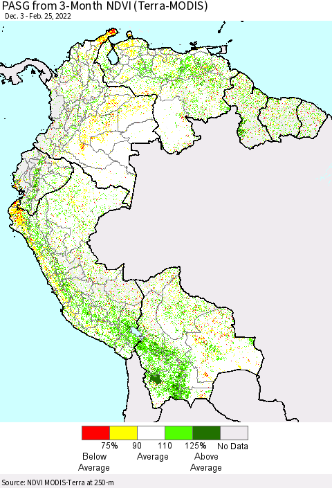 Northern South America PASG from 3-Month NDVI (Terra-MODIS) Thematic Map For 2/18/2022 - 2/25/2022