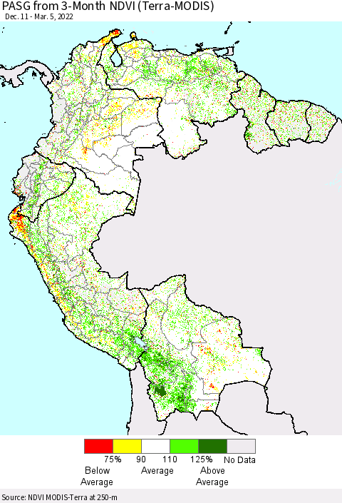 Northern South America PASG from 3-Month NDVI (Terra-MODIS) Thematic Map For 2/26/2022 - 3/5/2022