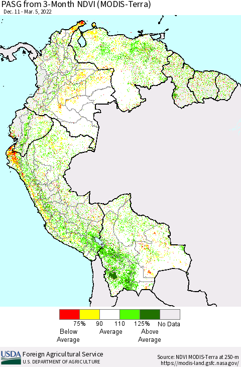 Northern South America PASG from 3-Month NDVI (Terra-MODIS) Thematic Map For 3/1/2022 - 3/10/2022