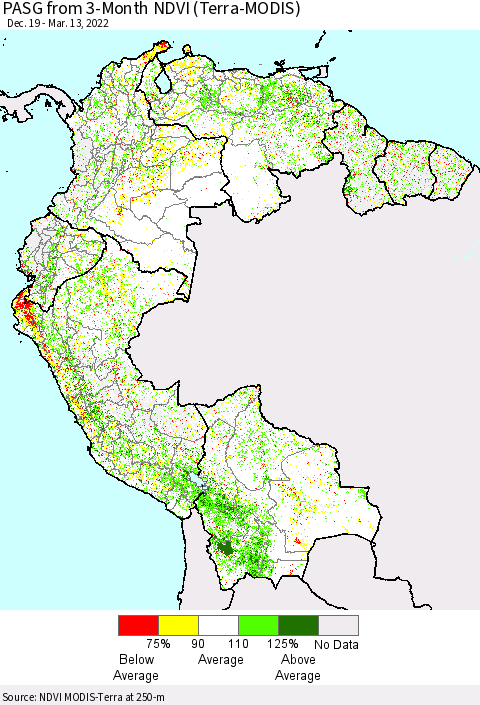Northern South America PASG from 3-Month NDVI (Terra-MODIS) Thematic Map For 3/6/2022 - 3/13/2022