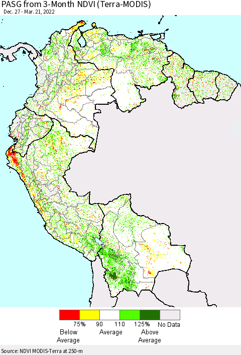 Northern South America PASG from 3-Month NDVI (Terra-MODIS) Thematic Map For 3/14/2022 - 3/21/2022