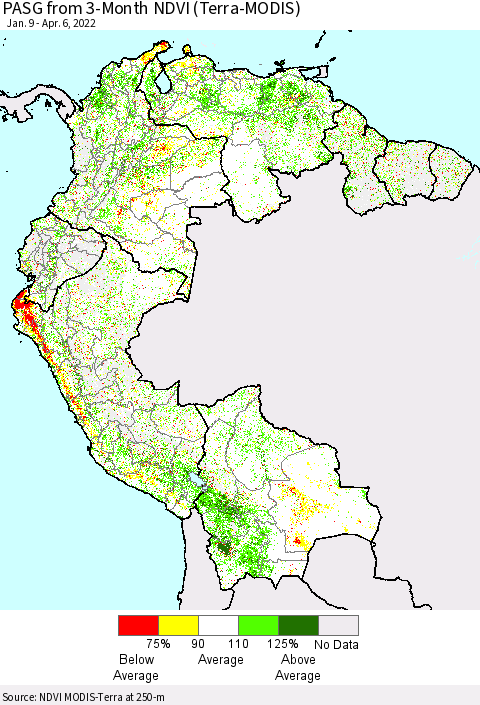 Northern South America PASG from 3-Month NDVI (Terra-MODIS) Thematic Map For 3/30/2022 - 4/6/2022