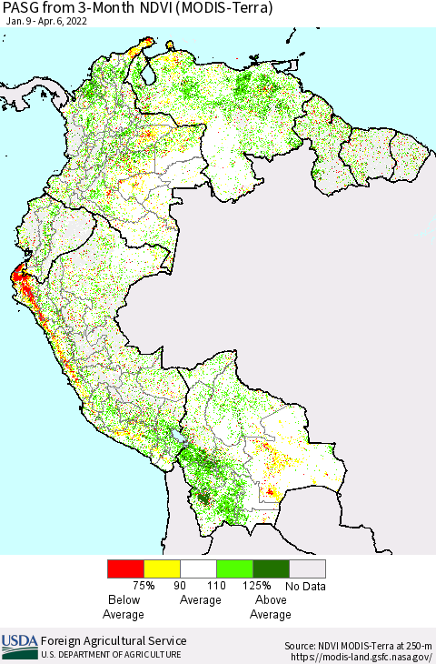 Northern South America PASG from 3-Month NDVI (Terra-MODIS) Thematic Map For 4/1/2022 - 4/10/2022