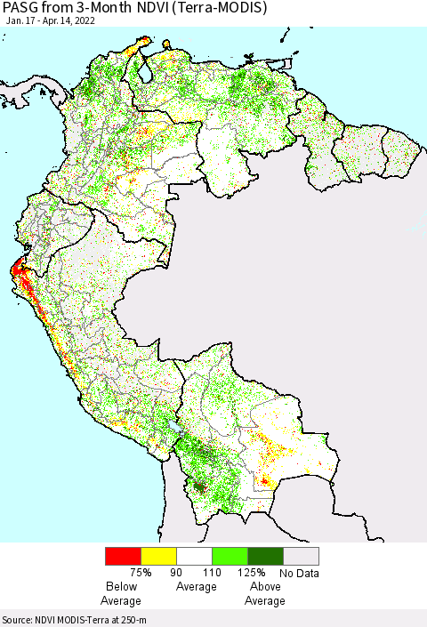 Northern South America PASG from 3-Month NDVI (Terra-MODIS) Thematic Map For 4/7/2022 - 4/14/2022