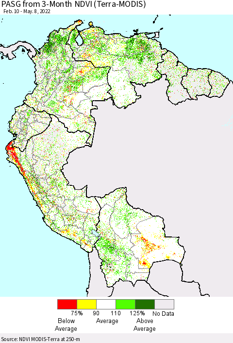 Northern South America PASG from 3-Month NDVI (Terra-MODIS) Thematic Map For 5/1/2022 - 5/8/2022