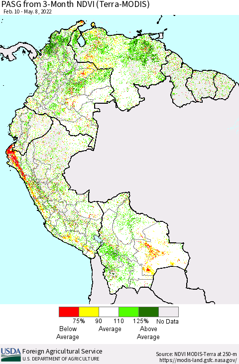 Northern South America PASG from 3-Month NDVI (Terra-MODIS) Thematic Map For 5/1/2022 - 5/10/2022
