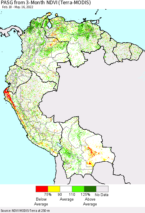 Northern South America PASG from 3-Month NDVI (Terra-MODIS) Thematic Map For 5/9/2022 - 5/16/2022