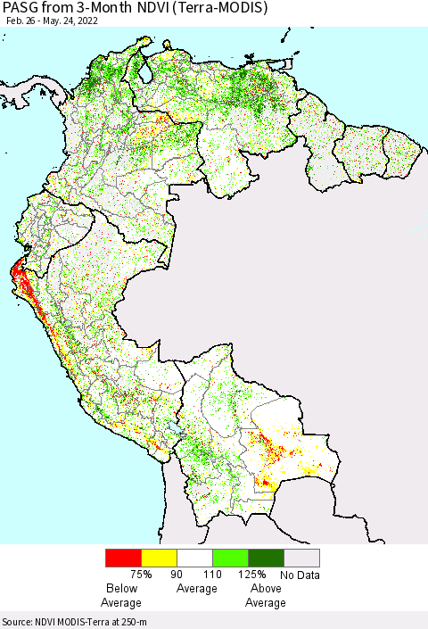 Northern South America PASG from 3-Month NDVI (Terra-MODIS) Thematic Map For 5/17/2022 - 5/24/2022