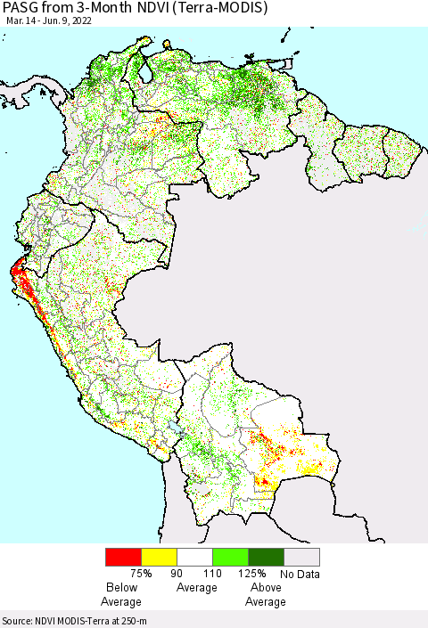 Northern South America PASG from 3-Month NDVI (Terra-MODIS) Thematic Map For 6/2/2022 - 6/9/2022