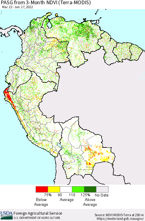 Northern South America PASG from 3-Month NDVI (Terra-MODIS) Thematic Map For 6/11/2022 - 6/20/2022