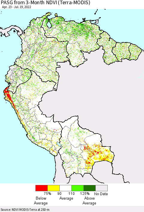 Northern South America PASG from 3-Month NDVI (Terra-MODIS) Thematic Map For 7/12/2022 - 7/19/2022