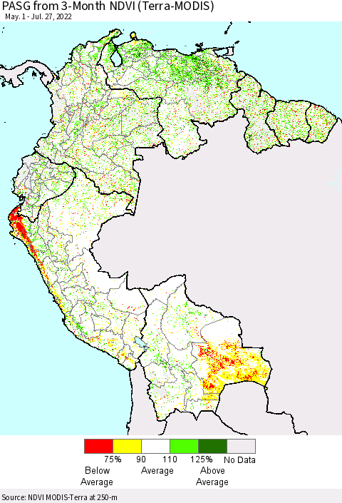Northern South America PASG from 3-Month NDVI (Terra-MODIS) Thematic Map For 7/20/2022 - 7/27/2022