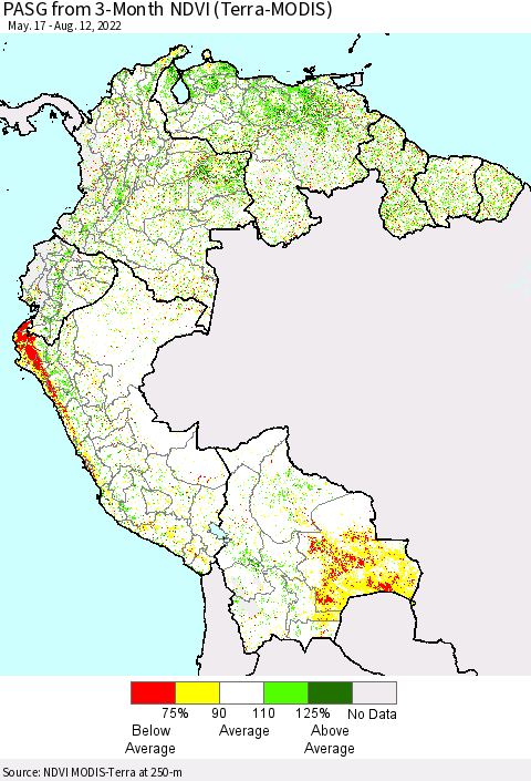Northern South America PASG from 3-Month NDVI (Terra-MODIS) Thematic Map For 8/5/2022 - 8/12/2022