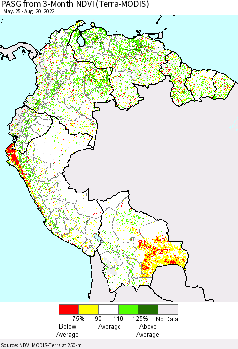 Northern South America PASG from 3-Month NDVI (Terra-MODIS) Thematic Map For 8/11/2022 - 8/20/2022