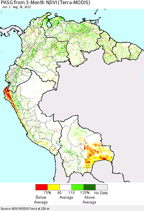 Northern South America PASG from 3-Month NDVI (Terra-MODIS) Thematic Map For 8/21/2022 - 8/28/2022