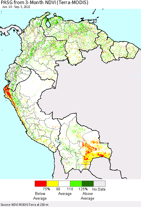 Northern South America PASG from 3-Month NDVI (Terra-MODIS) Thematic Map For 8/29/2022 - 9/5/2022