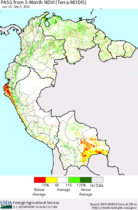 Northern South America PASG from 3-Month NDVI (Terra-MODIS) Thematic Map For 9/1/2022 - 9/10/2022