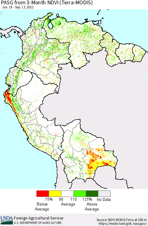 Northern South America PASG from 3-Month NDVI (Terra-MODIS) Thematic Map For 9/11/2022 - 9/20/2022
