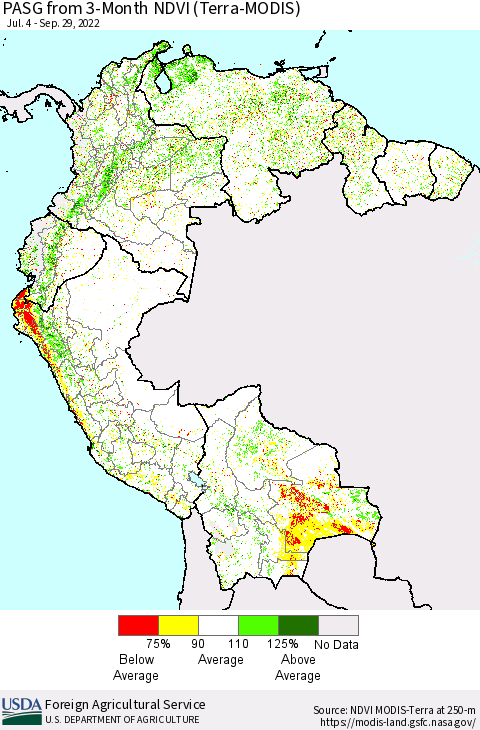 Northern South America PASG from 3-Month NDVI (Terra-MODIS) Thematic Map For 9/21/2022 - 9/30/2022
