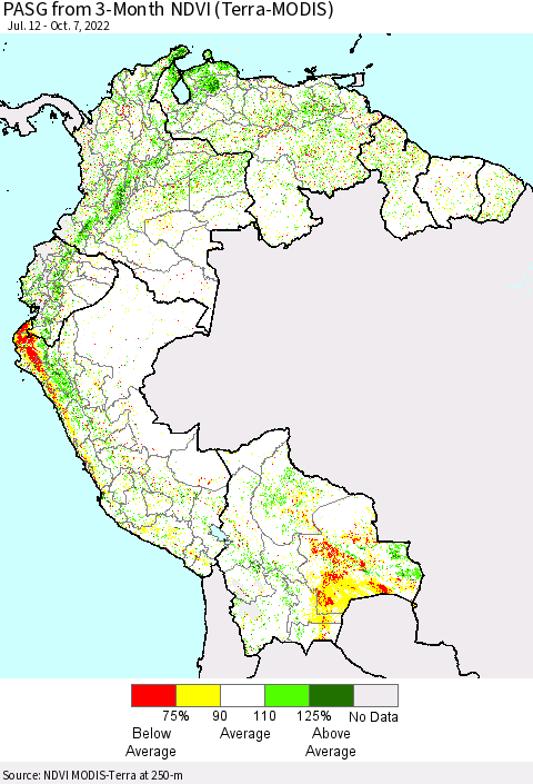 Northern South America PASG from 3-Month NDVI (Terra-MODIS) Thematic Map For 9/30/2022 - 10/7/2022